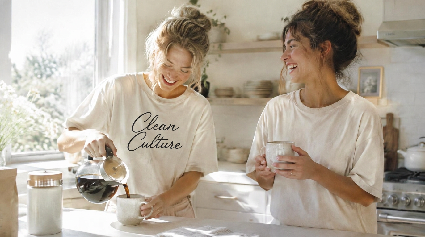 Two friends laughing over morning coffee in CleanCulture tees