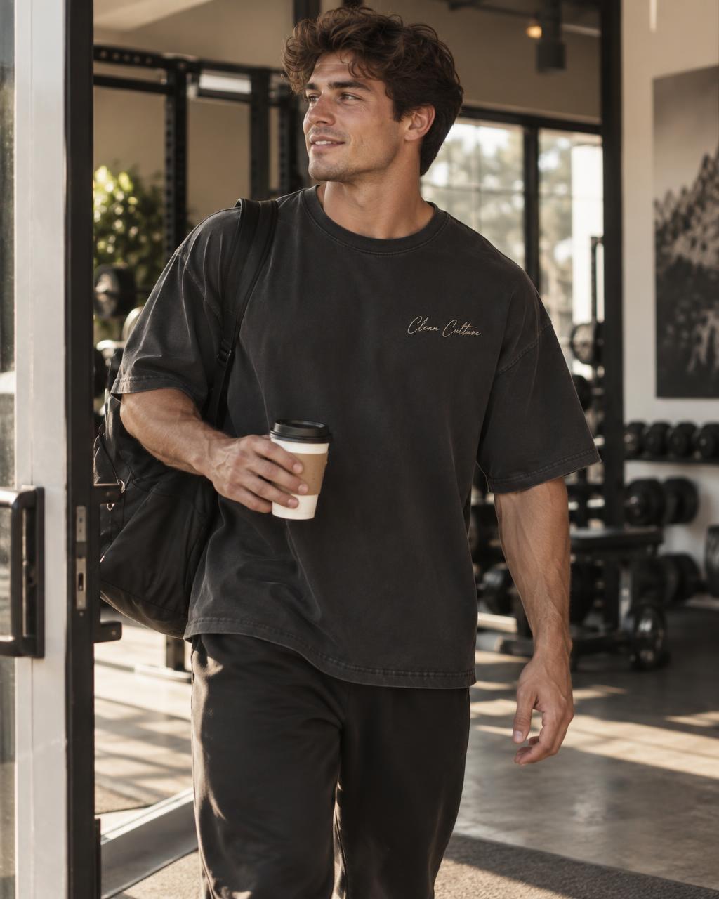 Leaving the gym in the washed black Clean Culture pump cover tee